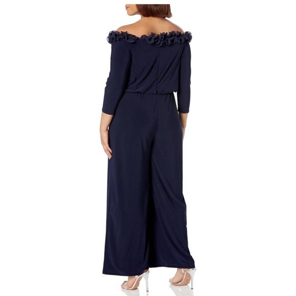 Adrianna Papell Plus Size 22W Navy Blue Off Shoulder Jersey Jumpsuit Rosette NWT - Picture 3 of 11